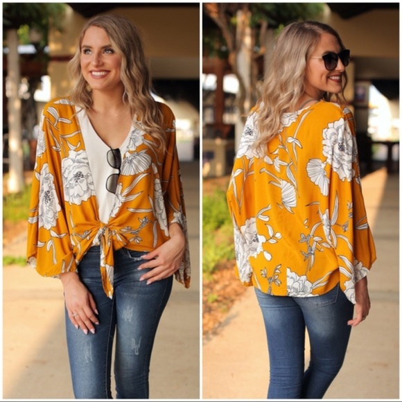 Infinity Raine Tops - LAST ONE! Mustard Floral Tie Front Tunic